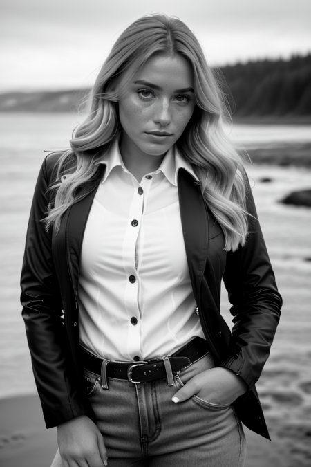 b&w photo of woman, jessical, half body, high detailed skin, shirt, jacket, coastline, overcast weather, wind, waves, 8k uhd, dslr, soft lighting, high quality, film grain, Fujifilm XT3 <lora:Jessica:1>