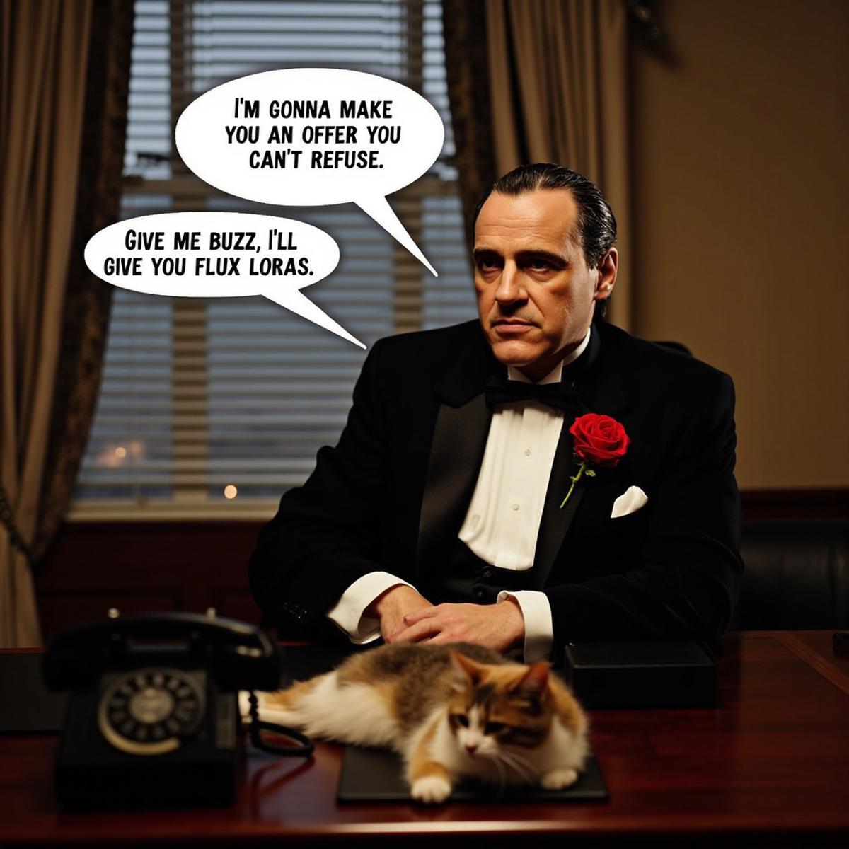 masterpiece, Best Quality, hyper Detailed Realistic Don Corleone from the godfather movie with a white dialogue balloon with the exact caption "I'M GONNA MAKE YOU AN OFFER YOU CAN'T REFUSE",  another dialogue balloon shows "GIVE ME BUZZ, I'LL GIVE YOU FLUX LoRAs", wearing a black tuxedo with a Red Rose Boutonniere sitting at his office desk, a cat laying down on Don Corleone's lap, a window with blinds on the background, a black old dial telephone on his desk,looking at viewer,  (Italian mafia movie theme:1.3), BREAK small head, Detailed face, looking viewer with calm demeanor, scene wide shot with Sony Fx6