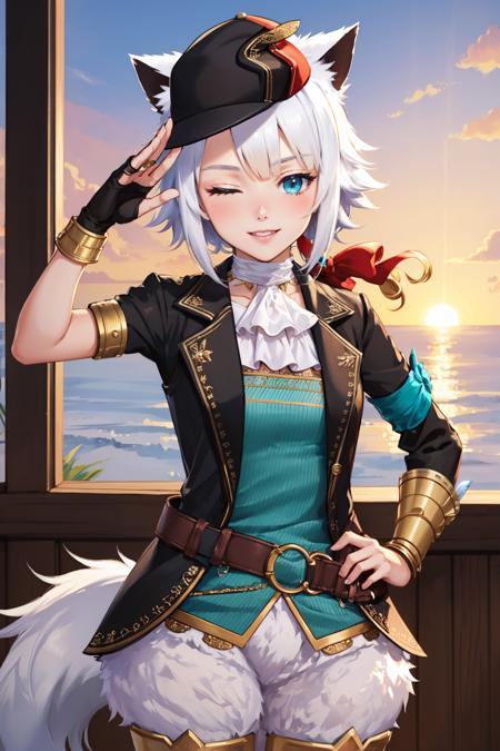 masterpiece, best quality,  <lora:yswhitecat-nvwls-v1-000008:0.9> ysWhiteCat, hat, cat ears, white ascot, black coat, blue shirt, armlet, black gloves, white shorts, fur trim, tail, upper body, smile, wink, one eye closed, one eye open, sunset, looking at viewer, salute, hand to hip