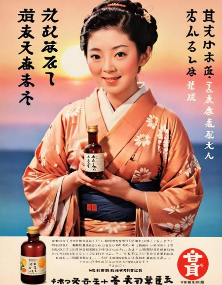 Envision a vintage Japanese health product advertisement from the 1970s. The scene is dominated by a poised and elegant female figure in a traditional Japanese kimono. Her expression is serene, eyes closed with a slight smile, embodying the promise of good health and peace from the product. In her hands, she delicately holds the health productâa small bottle with a classic label, possibly written in Kanji. The background radiates a warm, pastel gradient, capturing the essence of a sunrise or sunset. There's a soft glow around the woman, emphasizing her as the primary focus. Vintage, handwritten-style Japanese calligraphy adorns the top and bottom of the image, detailing the product's name and benefits, <lora:jp70:0.75>