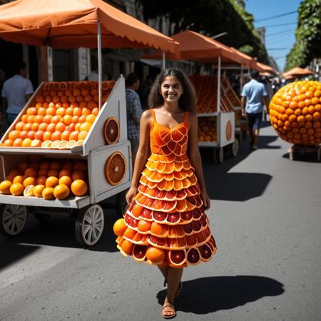 Brazilian girl, selling orange fruit in streets, wearing orange sliced shaped dress, <lora:blood_orange_world_morph_sdxl:1> , sunny day, people walking, vendor stand, blood orange style