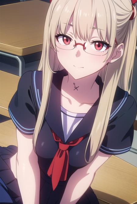 kotonesasaki, <lora:kotonesasakitest:0.8>,
kotone sasaki, long hair, (red eyes:1.5), glasses, blonde hair, hair pin, (small breast:1.2),
BREAK sailor uniform, serafuku, blue sailor collar, short sleeves, skirt, blue skirt, school uniform,
BREAK looking at viewer,
BREAK indoors, classroom,
BREAK <lora:GoodHands-vanilla:1>, (masterpiece:1.2), best quality, high resolution, unity 8k wallpaper, (illustration:0.8), (beautiful detailed eyes:1.6), extremely detailed face, perfect lighting, extremely detailed CG, (perfect hands, perfect anatomy),