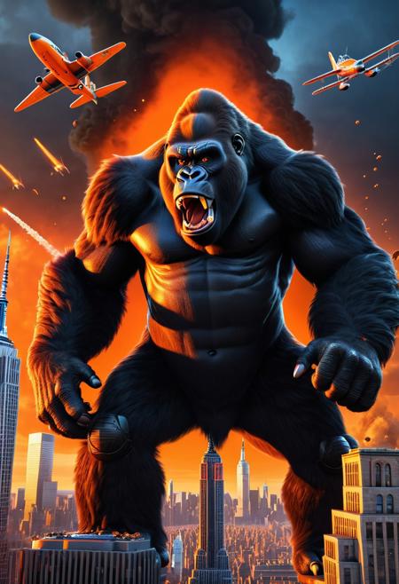 Giant angry orange gorilla with googly eyes picking teeth with empire state building, planes firing missiles overhead, Hyperdetailed intricately detailed Splash art trending on Artstation Unreal Engine volumetric lighting Epic cinematic lighting contrasting colours