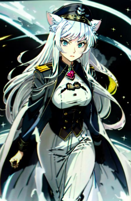 facing right, explosive dynamically posed anime artwork of waifu cat with long white hair and big white cat ears animal ears military clothes small breasts, anime [key]_visual, vibrant, studio anime, highly detailed, Do not Upload Conditional DNR <lora:add_detail:0.8> <lora:more_details:-0.6> <lora:ciah_0d:1>