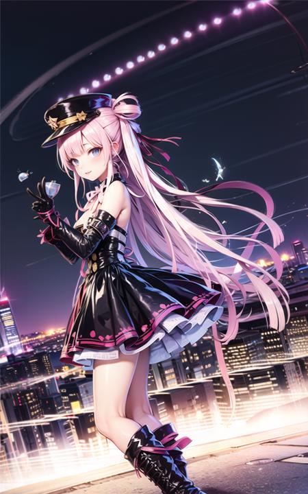 masterpiece, best quality, 1girl, solo, long_hair, <lora:lili:0.65>, outdoors, (night light:1.3), black gloves,hat,city background,black thighhigh,boots