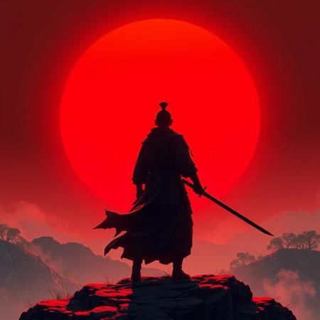 a samurai is standing on a mountain, the sun is red, super focus on male, the samurai is holding a sword in the right hand, , superrealistic
