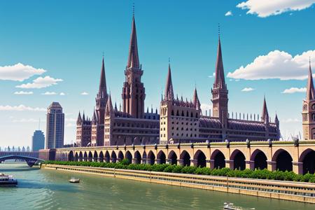 Building with towers, sunny day photo, no humans, river, focus on object, 4k uhd, Best quality
