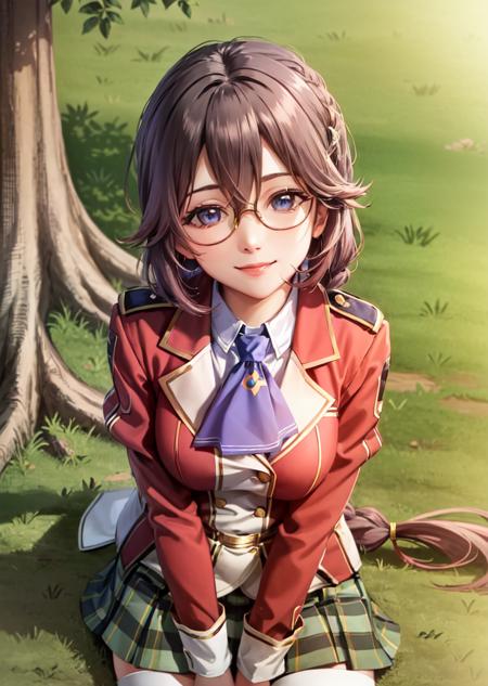 masterpiece, best quality, emma millstein, glasses, braided ponytail, glasses, blue ascot, school uniform, plaid skirt, purple hair, black thighhighs, sitting on ground, upper body, grass, tree, smile, looking at viewer <lora:emma-nvwls-v1-final:0.9>