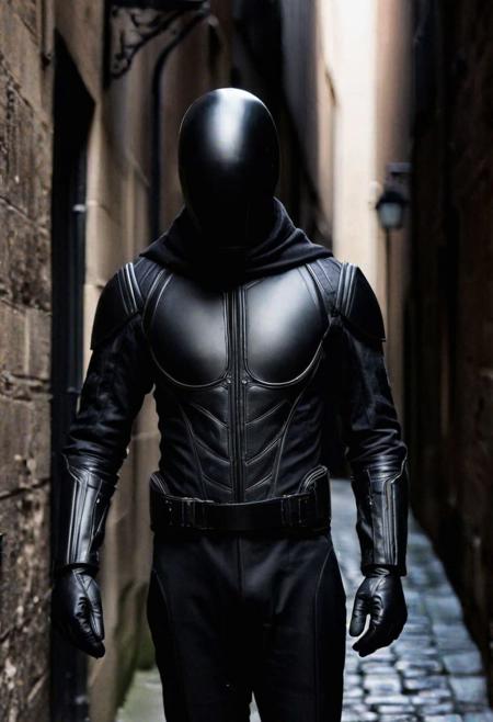 A mysterious figure, cloaked in his (faceless commander suit:1.3), donning a pair of (sleek gloves:1.2) that add an air of sophistication to his enigmatic presence. The man stands in a (dimly lit alleyway:1.2), his identity concealed by the faceless helm, exuding an aura of secrecy and authority. The suit, tailored for eternity, hints at a history of valor and service, while the gloves, with their subtle (embossed patterns:1.1), suggest a hidden significance to his enigmatic persona.