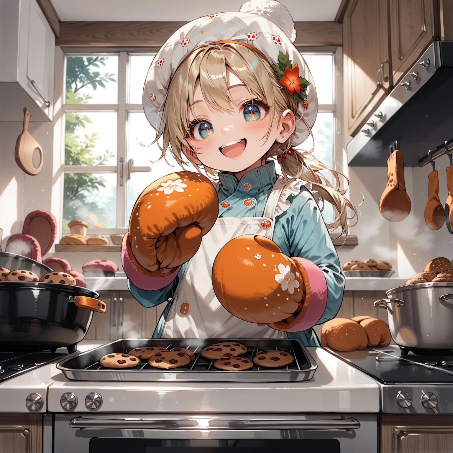 score_9, score_8_up, score_7_up, source_anime, 1girl,(ultra HD quality details), anime, in the kitchen, pulling a baking tray with steaming cookies out of the oven, baking tray with cookies, (wearing giant oven mittens:1.7), cooking hat, sparking eyes, happy (detailed image, high resolution, 5k resolution:1.0)