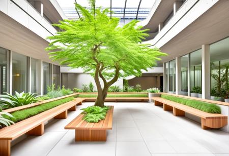 (expert craftsmanship:1.8), (high resolution photography:1.2), (expansive, massive, awesome, brutalist green outdoor atrium:1.8), (realistic wood material:1.5), (large space, multipurpose space, cozy, tree, plants:1.9), (finely crafted parts:1.4), (comfortable seating, playful planters, warm, friendly:1.5), (whimsical:1.7), (solarpunk, brutalist, Bauhaus Design aesthetic:1.7)