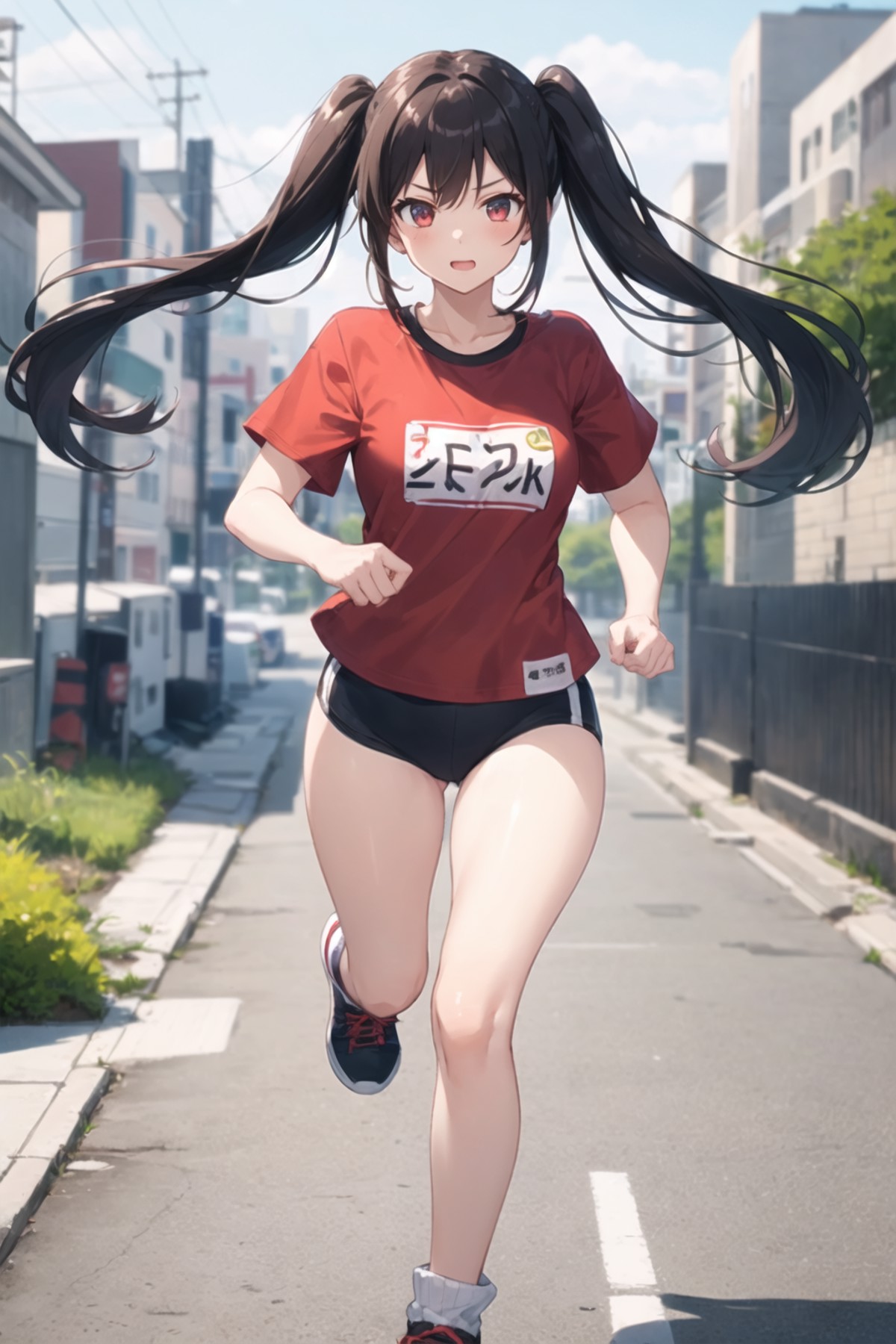 1girl, casual clothes, t-shirt, buruma, twintails, long hair, outdoors, running