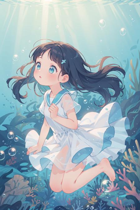 Masterpiece,best quality,1girl,aquafrilled dress  dress,(Clothes that blend with the sea:1.2),lightblue long hair,floating hair,delicate face,A delicate expression,Desiring expression,in container,underwater,rolling_bubbles,(neon light:0.8),Sunlight goes underwater,Wonderful underwater,