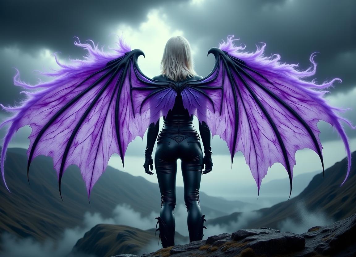 A young woman with lavender tempestuous dust wings wearing leather, platinum blonde hair, in a dynamic back view as she stands confidently on a rocky outcropping under an ominous dark stormy sky.