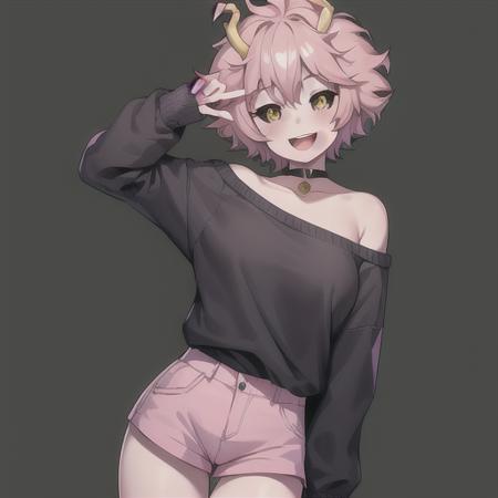 mina ashido, 1girl, solo, looking at viewer, smile, short hair, open mouth, simple background, long sleeves, white background, bare shoulders, collarbone, yellow eyes, pink hair, :d, heart, cowboy shot, horns, shorts, off shoulder, sweater, hand on hip, v, colored skin, black shorts, colored sclera, black sclera, off-shoulder sweater, pink skin, v over eye, purple sweater  <lora:MinaAshidoLoRA-10:0.6>