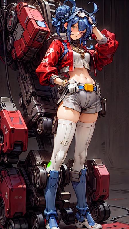 masterpiece, top quality, best quality, official art, (beautiful and aesthetic:1.2),cyber city background,extreme detailed, colorful, highest detailed ((ultra-detailed)), (highly detailed CG illustration), ((an extremely delicate and beautiful)), <lora:TFOPG:0.7>, TFOPG, double bun, gloves, goggles on head, looking at viewer, navel, solo, autobot symbol on shoulder, blue belt, yellow buckle, red jacket, necklace, nice hands, prefect hands,,  white legwear, thighhighs, blue boots, cyber city background, nice hands, prefect hands,  <lyco:GoodHands-beta2:1.0>