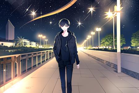 Euishin a boy with a suit and white tie walking in the night sky snare
