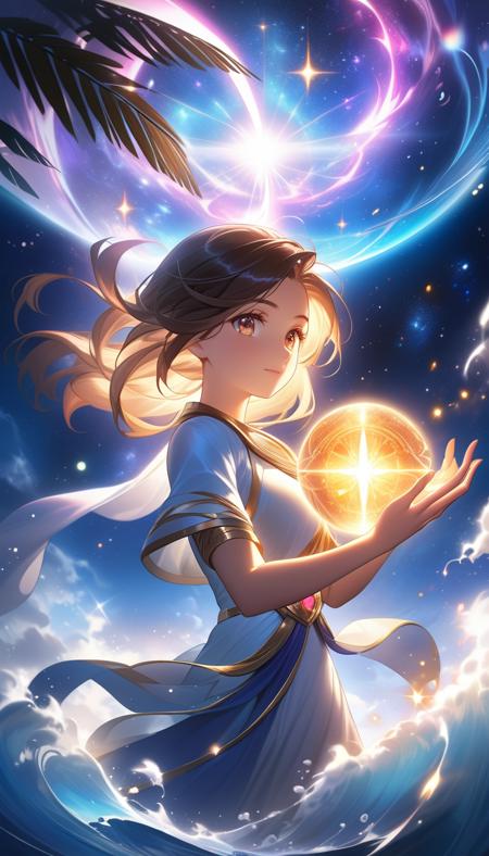 An exceptionally detailed and striking digital painting of a courageous young girl holding a radiant, enchanting glowing orb in the palm of her hand, surrounded by swirling waves of vibrant, ethereal light. The girl should exude resilience, determination, and a profound connection with the magical energy flowing through her. Portray her in a magnificent, vast cosmic expanse, with distant stars, nebulae, and galaxies visible in the breathtaking background. Emphasize the girl's glowing orb as the central point of energy and intrigue, illuminating the scene and casting a radiant, warm glow on her face. Ensure accurate and vivid depictions of the glowing orb's energy, the cosmic elements, and the girl's emotional expressions. Render the image with incredible detail, exceptional lighting, and captivating color harmonies.