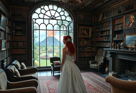 An old style 1800's library with old furniture, a large amount of books on shelves with an assortment of artifacts on shelves, some paintings on the wall, and a lit fireplace. There is a large wall sized window looking out into a beautiful garden with an erupting volcano background. In the middle of the room, a single red haired, green eyed woman in a white wedding dress is looking out the window crying.