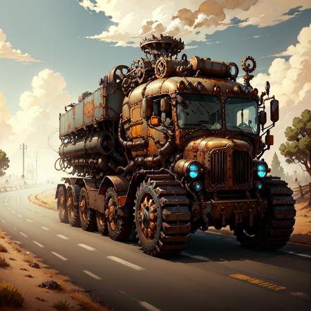 <lora:SteamPunkAI:.7> Cogpunk  truck on road