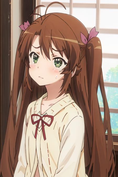 best quality, masterpiece, highres, solo, {koshigaya_komari_nonnonbiyori:1.15}, brown_hair, long_hair, green_eyes, blush, antenna_hair, bangs, 1girl, hair_ribbon, looking_at_viewer, ribbon, twintails, two_side_up, tears