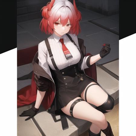 (masterpiece, best quality:1.2),absurdres,highres,1girl,solo,upper body,red_eyes,boots,red_hair,white_shirt,red_necktie,black_skirt,looking_at_viewer,black_footwear,gloves,black_jacket,short_hair,open_jacket,id_card,breasts,off_shoulder,collared_shirt,thigh_strap,high-waist_skirt,bird_tail,suspenders,<lora:Fiammetta(ark)>,