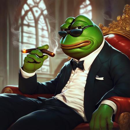 score_9, score_8_up, score_7_up, score_6_up, score_5_up, score_4_up, pepe the frog wearing a suit and smoking a cigar, solo, male, frog, amphibian, cigar, tuxedo, smoking, mansion, money, sunglasses, detailed background <lora:ponydiffusionv6_pepethefrog:1>