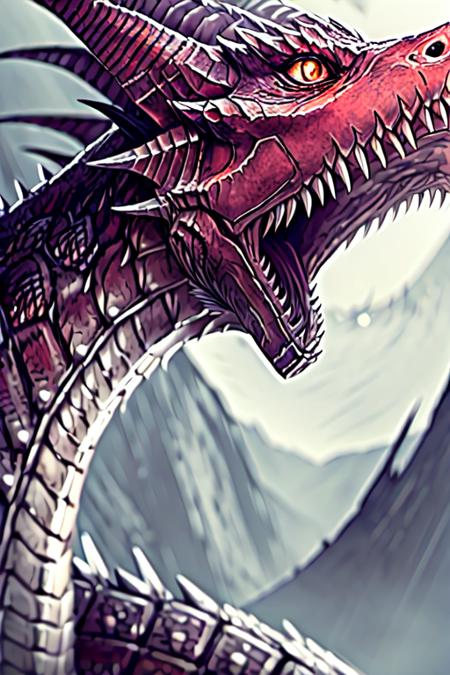 dragon, blurry background, no humans, fangs, open mouth, realistic, scales, teeth,  white and silver theme, breathing fire, cropped, <lora:Dragon_V1:1>