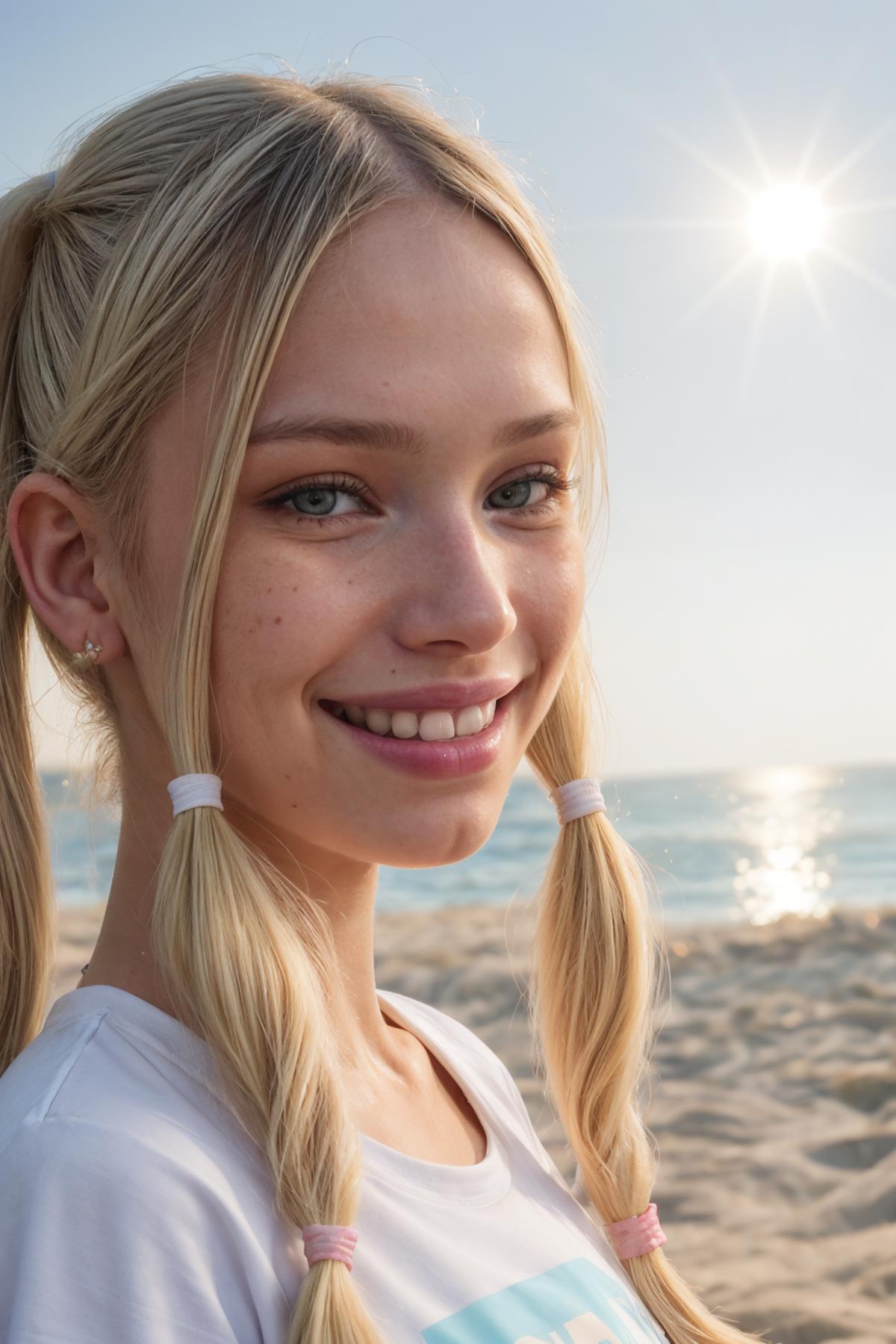 A beautiful blonde woman with pigtails smiling on the beach