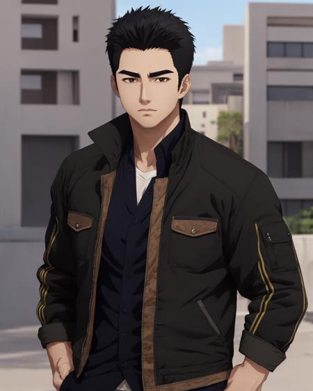 best quality,masterpiece,highly detailed,ultra-detailed, <lora:neg4all_bdsqlsz_V3.5:-1>,1boy <lora:IsamiAo:0.75>isami ao, bangbravern, 1boy, male focus, solo, black hair, short hair, thick eyebrows, upper body, black eyes, looking at viewer
shirt, open jacket, mil