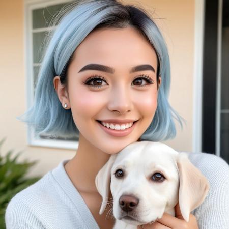 She is a super cute 20-year-old girl with a shy smile, playing with her pet Labrador outside her house. Her pastel blue hair, styled in a short bob with darker roots, tucks behind her ears and curls inward at the ends. She has an oval face with a fair, smooth complexion and a thin, delicate jawline. Her large, dark brown eyes are framed by thick, black lashes and well-defined, arched eyebrows. Her nose is petite with a rounded tip, and her full lips, naturally peach-pink, form a gentle smile. She wears light makeup, with subtle eyeliner, mascara, and a touch of blush. Her expression is friendly and approachable, with a soft, shy gaze. Simple stud earrings add a touch of elegance to her youthful, cute appearance.
