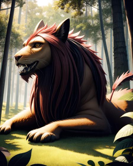 ((masterpiece), best quality, high quality, professional quality , highly detailed, highres, perfect lighting, natural lighting), Create a Masterpiece of an ultra-detailed illustration, timeless, sphinx, manticore, an ancient, enchanted forest