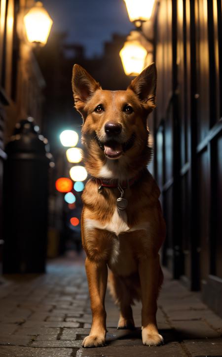 cinematic film still ((best quality)), ((masterpiece:1.2)), (detailed:1.2), A vibrant pop art rendition of a dog exploring an urban alley at night. Bold colors and strong contrasts highlight the dog's fur and the dramatic shadows cast by streetlights. The scene captures a sense of playful curiosity and adventure in the gritty cityscape, rendered in a dynamic and expressive pop art style.
<lora:epi_noiseoffset2:1>  . shallow depth of field, vignette, highly detailed, high budget, bokeh, cinemascope, moody, epic, gorgeous, film grain, grainy
