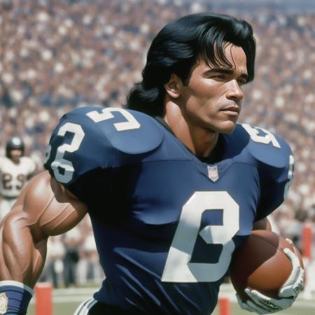 color photo of mylvestre with black hair, as a football player making a touchdown