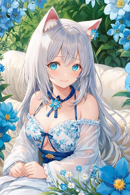 ultra-detailed,(best quality),((masterpiece)),(highres),original,extremely detailed 8K wallpaper,(an extremely delicate and beautiful),((detailed face)),beautiful detail eyes,
\\,
anime,momoko,suga,torino
anime,{one girl},very long light white hair,beautiful detailed blue eyes,aqua eyes,white robe,cat ears,{flower hairpin},{surrounded by beautiful detailed blue flowers},sunlight,light smile,beautiful detailed blue necklace,{{{see-through}}},flower request,breast_focus,{luxuriant bra},{{breast_conscious}},presenting breast,{hand on breast},{covering_breasts},
<lora:momoko_xl-v2-000015:0.5>,<lora:suga_xl-000010:0.3> <lora:torino_xl:0.3>,