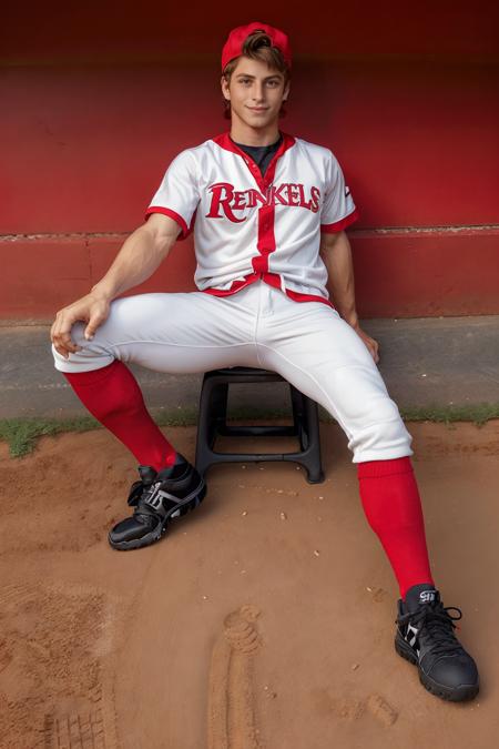 standing on a baseball field, JackHarrer is a baseballplayer, slight smile, baseball uniform, (red cap), red jersey, white pants, (red socks), long socks, (black sneakers), looking at viewer, masterpiece, ((full body portrait))   <lora:Clothing - Sexy Baseball Player:0.6> <lora:JackHarrer:0.8>