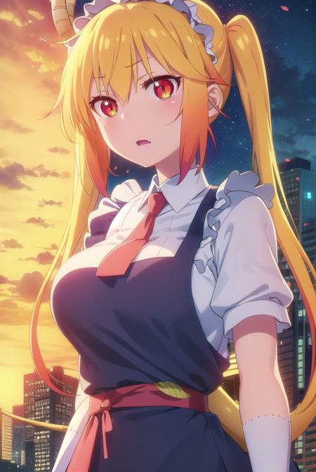 dragontohru, <lora:dragon tohru s2-lora-nochekaiser:1>, 
tohru, tohru \(maidragon\), long hair, bangs, blonde hair, hair between eyes, twintails, very long hair, multicolored hair, horns, fang, gradient hair, dragon horns, (red eyes:1.3), (slit pupils:1.5),
BREAK gloves, dress, tail, short sleeves, necktie, white gloves, maid, maid headdress, dragon girl, dragon tail, scales, large tail,
BREAK outdoors, sun, sky, clouds, city,
BREAK looking at viewer, (cowboy shot:1.5),
BREAK <lyco:GoodHands-beta2:1>, (masterpiece:1.2), best quality, high resolution, unity 8k wallpaper, (illustration:0.8), (beautiful detailed eyes:1.6), extremely detailed face, perfect lighting, extremely detailed CG, (perfect hands, perfect anatomy),