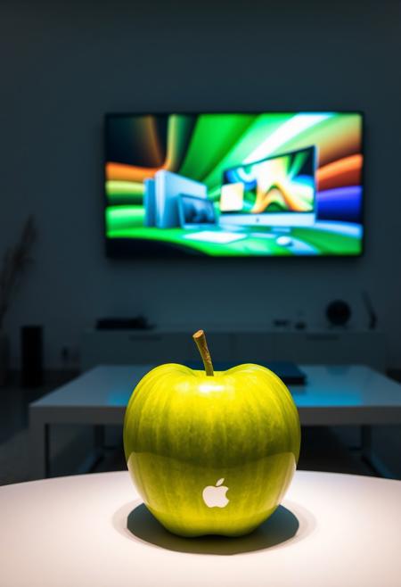 A vibrant green apple with a glossy surface sits on a modern, minimalist coffee table, watching an Apple computer commercial on a large wall-mounted TV. The commercial features sleek Apple products, glowing with vivid colors and crisp resolution. The room around the apple is dimly lit, with a focus on the TV screen’s bright visuals. The setting has a modern, tech-inspired aesthetic, with clean lines, soft lighting, and subtle futuristic decor. The apple appears to ‘watch’ attentively, positioned as if it’s absorbing the high-tech vibes of the commercial.