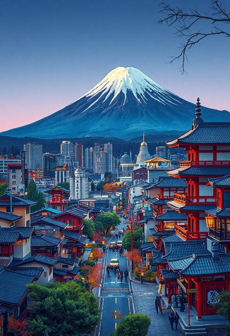 japanese city beautiful  landscape, noon, woman, very intricate, very detailed, sharp, bright, colorful,  mt fuji, tokyo