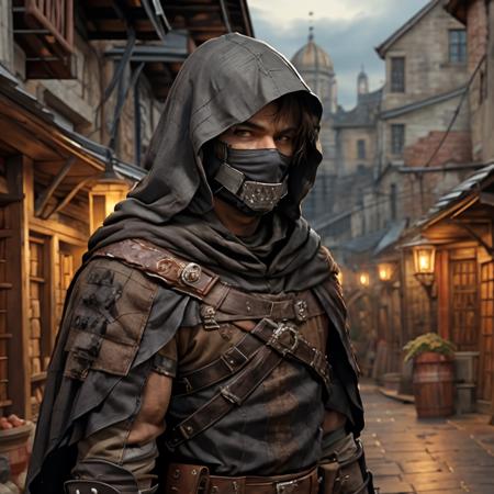 <lora:RPGBandit:1> bandit, solo, looking at viewer, brown hair, 1boy, brown eyes, weapon, male focus, belt, hood, armor, mask, cloak, mouth mask, fire, gloves, pouch, scar, ((medieval alley)), ((night))