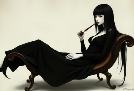 very tall, very slender, very straight black hair, very pale white skin, smoking a long stem pipe, resting in a chaise longue, elegant flowing black dress