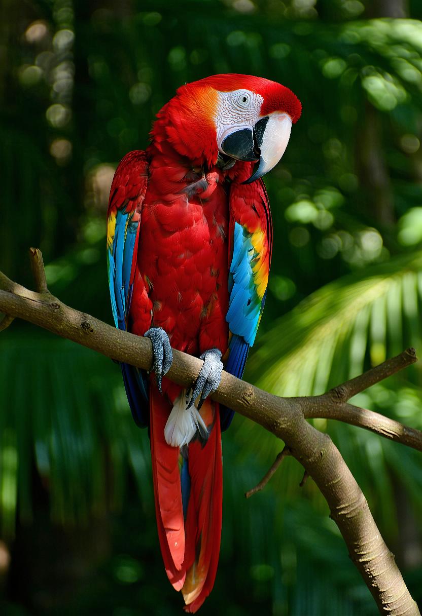 A photograph of a scarlet macaw perched on a branch. The macaw has a bright red head with a white face and a black beak. Its feathers are a mixture of bright red, yellow and blue with a glossy texture. The feathers are arranged horizontally, with the red feathers on the left side and the blue feathers on the right. The branch it is perched on is thin and green, with small, thin leaves and tendrils that resemble air plants. The background is blurred, but appears to be a lush green forest with dense foliage, creating a sense of depth and natural beauty. The overall mood of the photograph is serene and natural, highlighting the beauty and tranquility of nature.