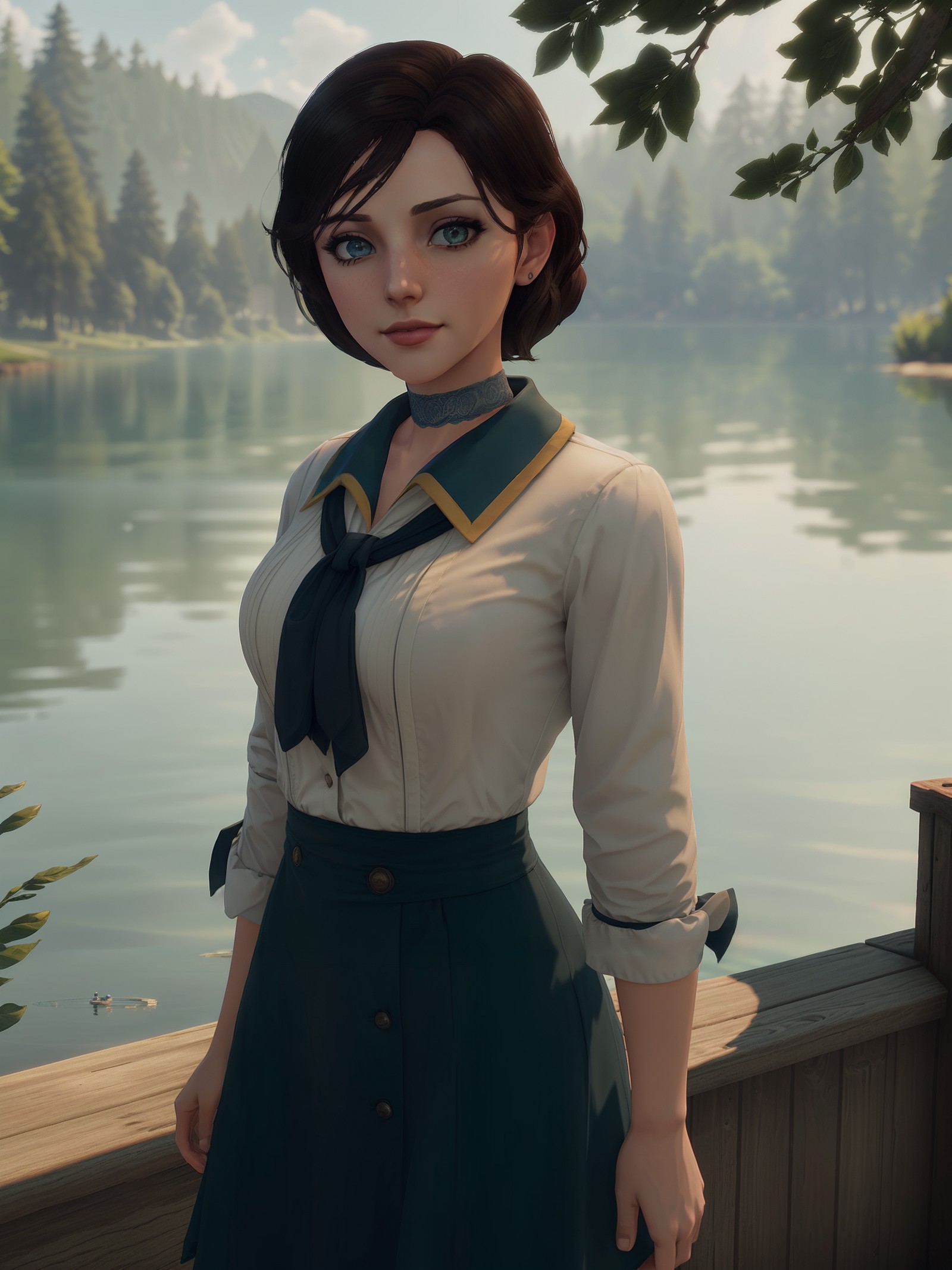 vibrant, bioshockelizabeth standing next to a lake, beautidul lake with trees, cute face, sunny weather, dramatic lighting...