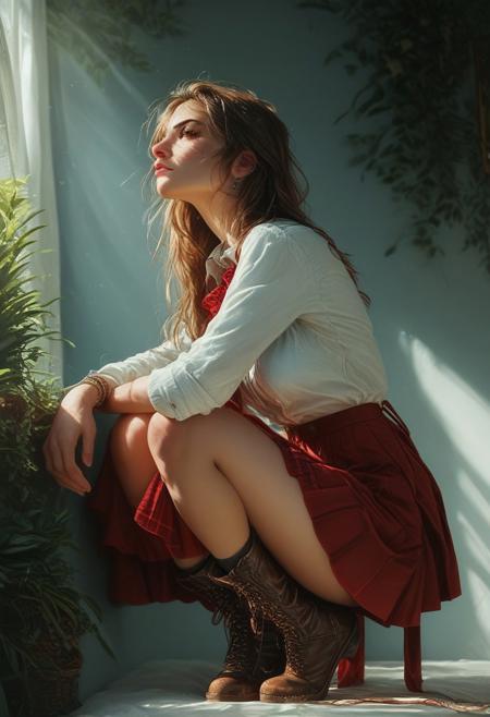 score_9, score_8_up, score_7_up, score_6_up, score_5_up, detailed, chromatic aberration, colorful, The image shows a woman in a white blouse red skirt and black stockings with garter, bending over to tie the laces of her ankle boots, god rays