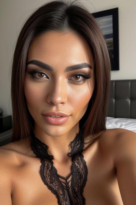 Create an ultra realistic high res, 8K quality,  best version, with high detail of an extremely sexy exotic light skin Thai light skinned  female with an amazing body. Her breasts should look natural and big. Focus on details in her hazel eyes and perfect breasts wearing lingerie. She should have makeup on her face. The background should be a bed.
