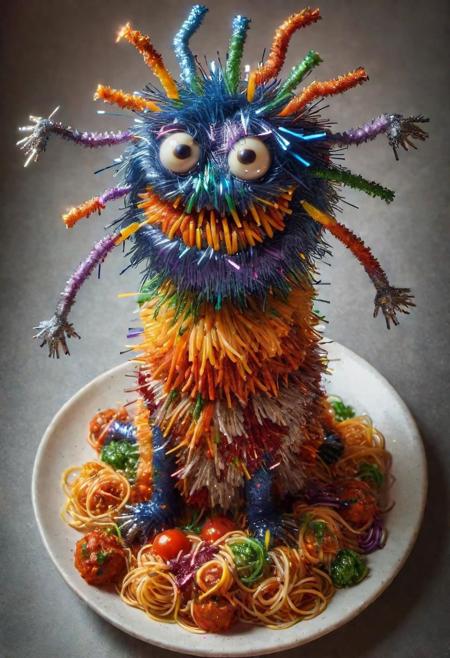 [Red, orange, yellow, green, blue, indigo, violet] scary noodle monster spaghetti horde made of ral-tinsel, bloody macaroni meatballs mini monsters tomato sauce caos bolognese made of ral-tinsel