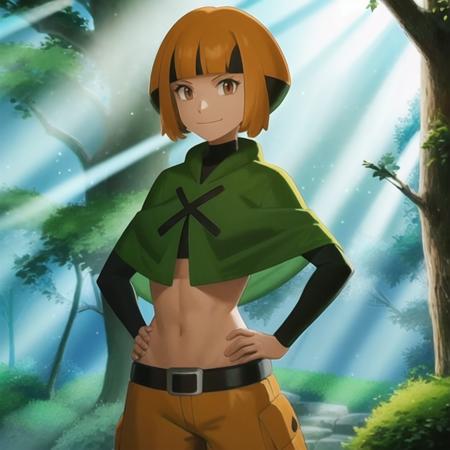 <lora:character_pokemon_gardenia_v2:0.7> forest, light rays, 1girl, character_pokemon_gardenia, solo, cowboy shot, looking at viewer, smile, closed mouth, hands on hips, poncho, cropped shirt, long sleeves, midriff, belt, shorts