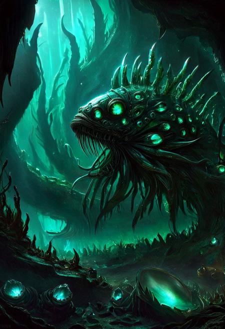 Dark Fantasy page abyss, (((lightless deep sea trench))), deep underwater, ocean floor.
emeraldmorph NightmarishAI seaweed, seaweed forest, seaweed made of emerald crystals, emerald seaweed catching and refracting the light of glowing CosmicHorrorAI fish, glowing CosmicHorrorAI fish swimming, CosmicHorrorAI fish with too many eyes