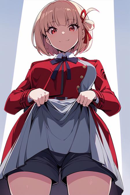 (art by emperpep:0.8), from below, solo, 1girl, nishikigi chisato, slight smile, looking at viewer, dress lift, lifted by self, bob cut, hair ribbon, lycoris uniform, two-tone dress, red dress, grey dress, neck ribbon, long sleeves, shorts <lora:lycorisrecoil_nishikigi_xl-000004:1>