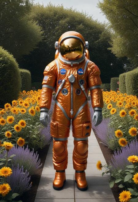 A seasoned astronaut made of orange peel in a sleek, reflective space suit made of orange peel , complete with a bulky helmet that gleams under the sunlight, stands amidst a vibrant garden filled with blooming flowers of all colors—crimson roses, golden sunflowers, and lavender violets. The lush greenery surrounding the astronaut creates a stark contrast to their metallic attire. . The scene evokes a whimsical high tech, blending the extraordinary imagery of space exploration with the tranquility of nature. The artistic style is hyper-surealistic, capturing every minute detail of the astronaut's suit and the intricate textures of the flowers and foliage.